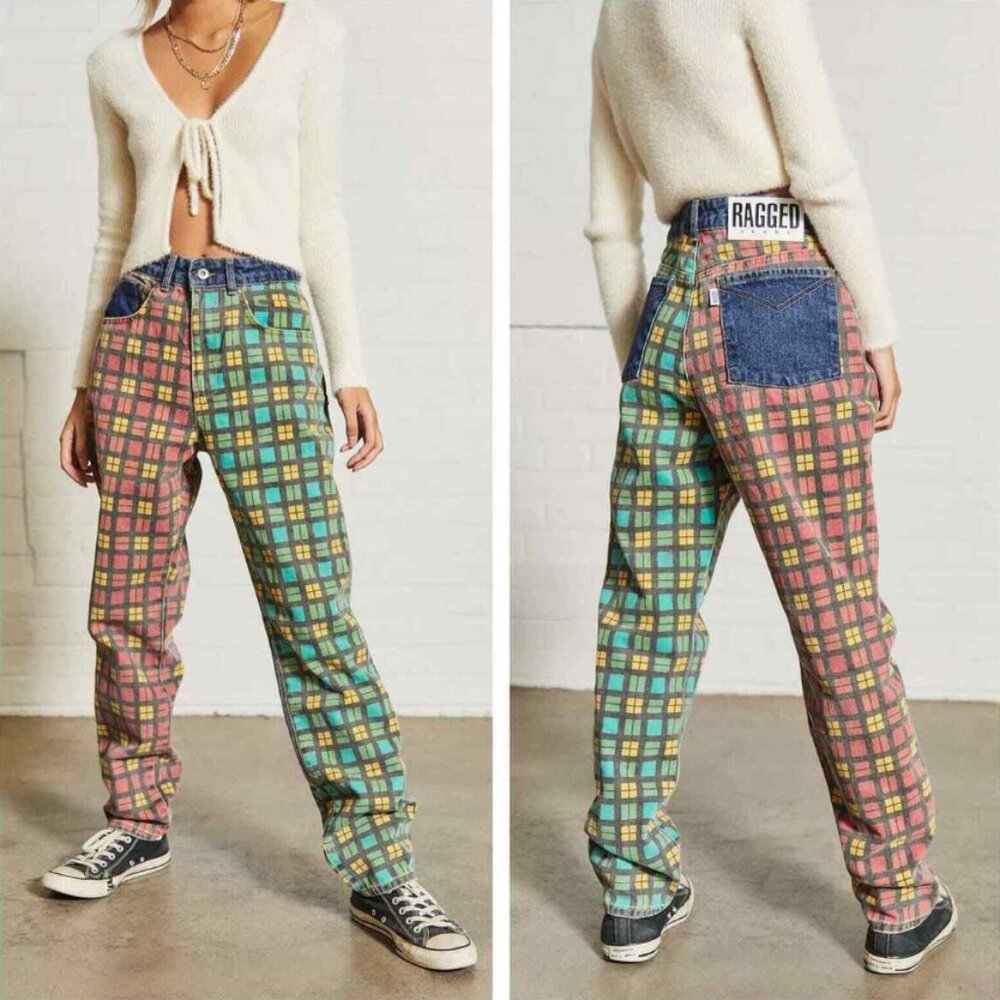 The Ragged Priest Mix Check Mom Jeans in Red & Green